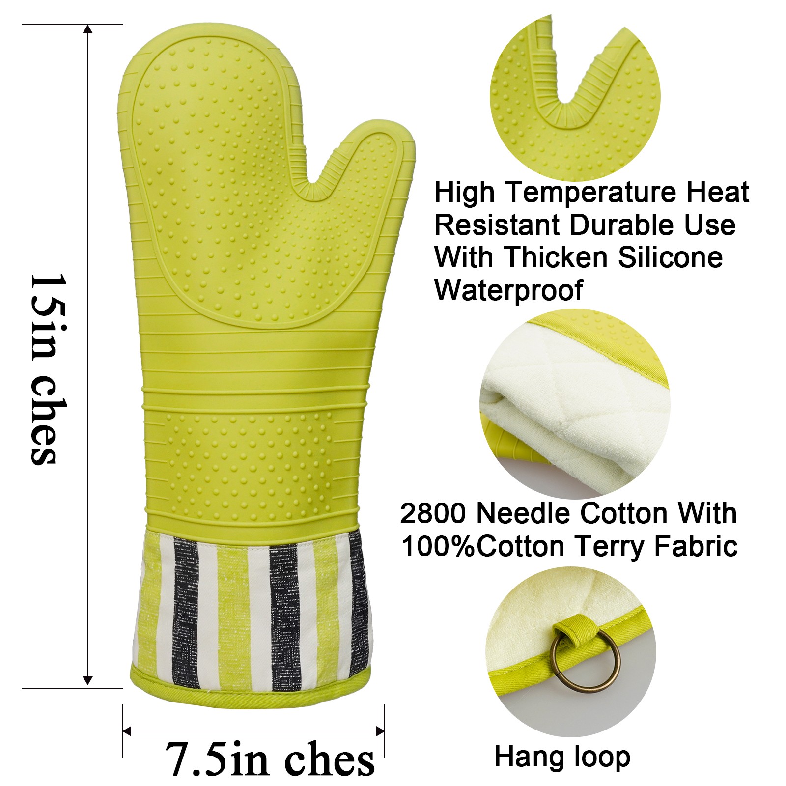 Kitchen Silicone Oven Mitt – Long Cuff Heat Resistant Glove for Baking & BBQ (Lime Green, Striped Cotton Cuff)