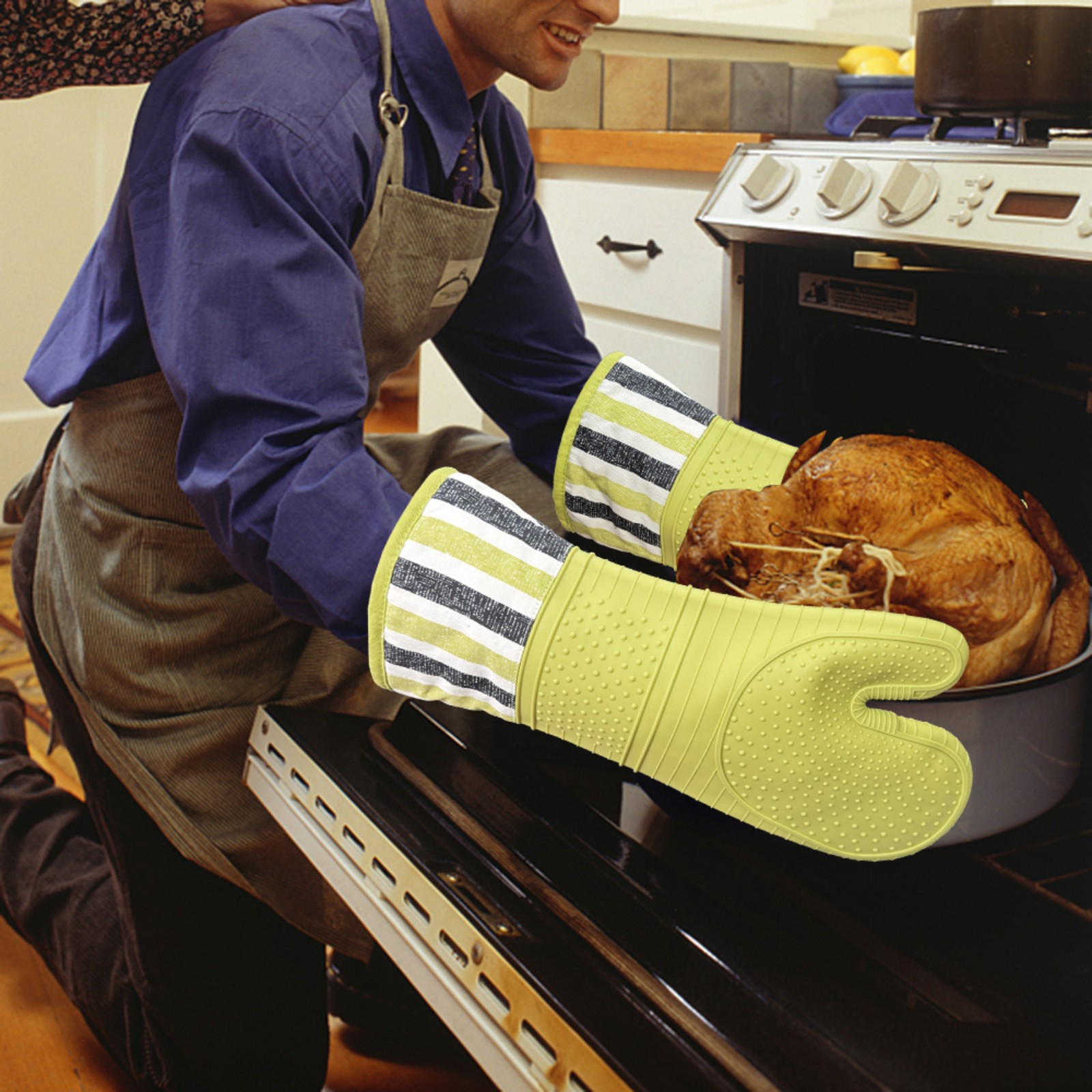 Kitchen Silicone Oven Mitt – Long Cuff Heat Resistant Glove for Baking & BBQ (Lime Green, Striped Cotton Cuff)
