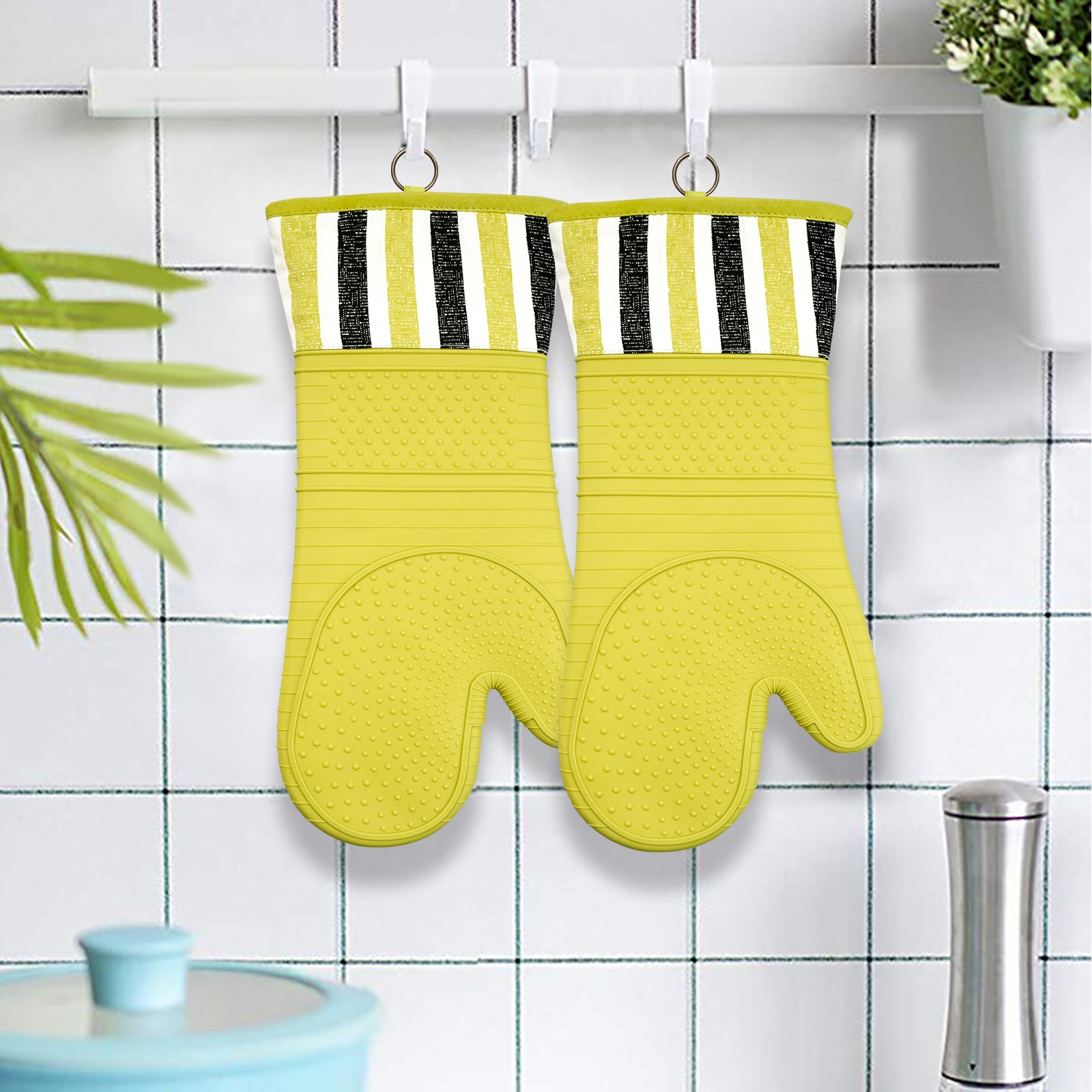 Kitchen Silicone Oven Mitt – Long Cuff Heat Resistant Glove for Baking & BBQ (Lime Green, Striped Cotton Cuff)
