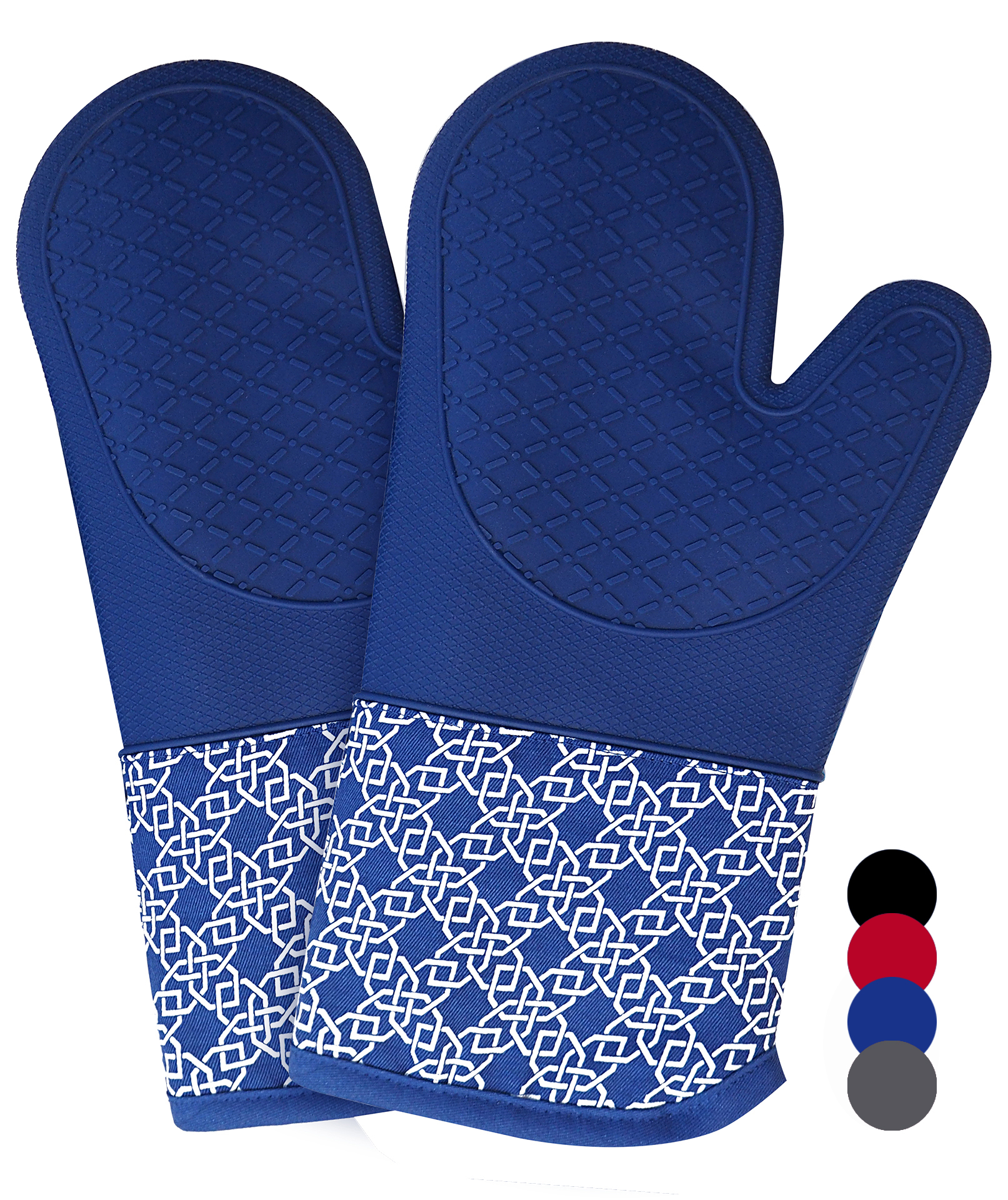 Kitchen Silicone Oven Mitts – Blue Long Cuff Heat Resistant Gloves with Geometric Pattern