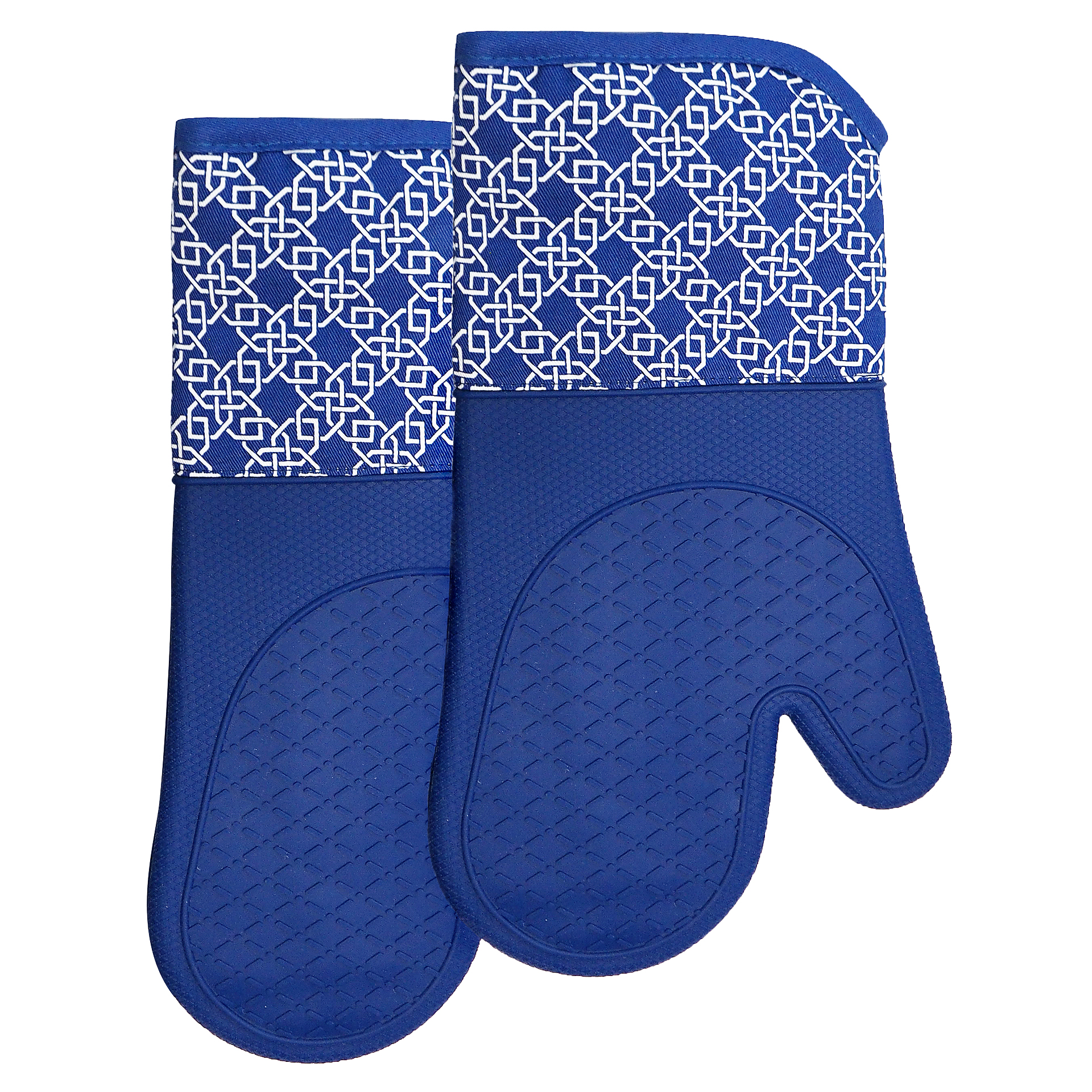 Kitchen Silicone Oven Mitts – Blue Long Cuff Heat Resistant Gloves with Geometric Pattern