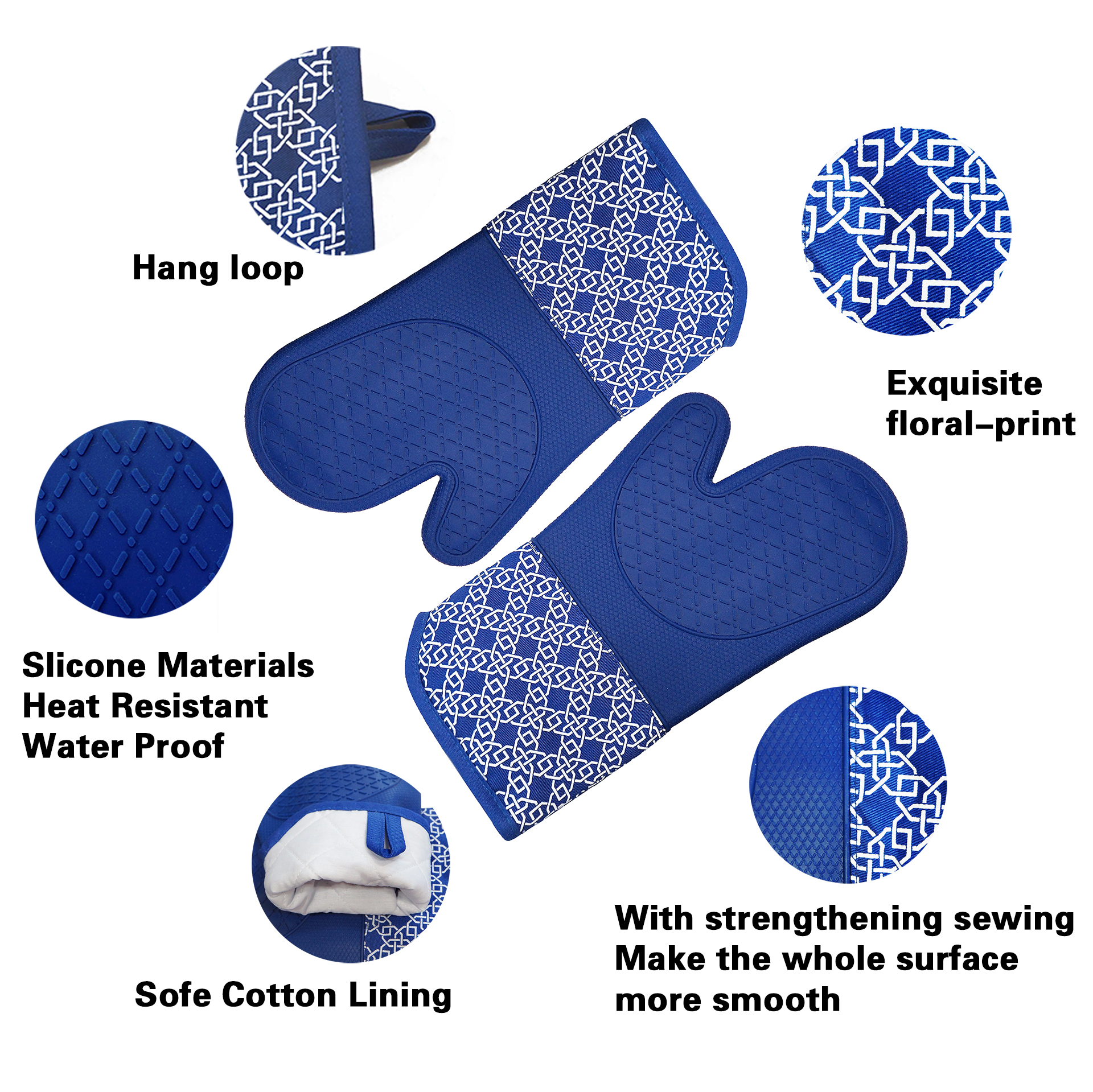 Kitchen Silicone Oven Mitts – Blue Long Cuff Heat Resistant Gloves with Geometric Pattern