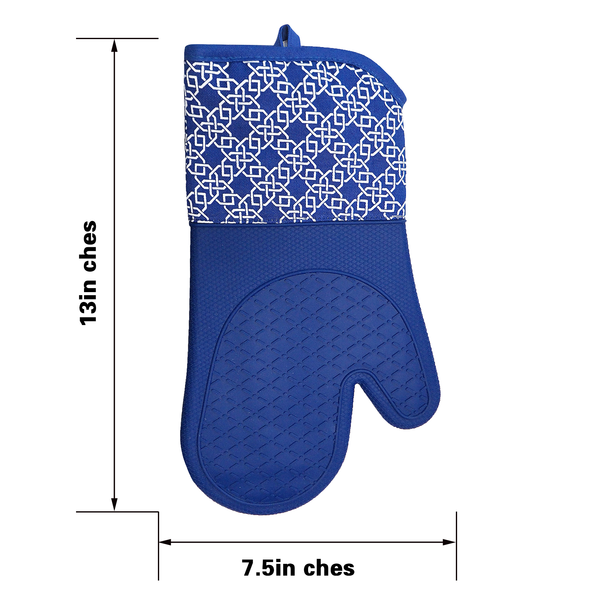 Kitchen Silicone Oven Mitts – Blue Long Cuff Heat Resistant Gloves with Geometric Pattern