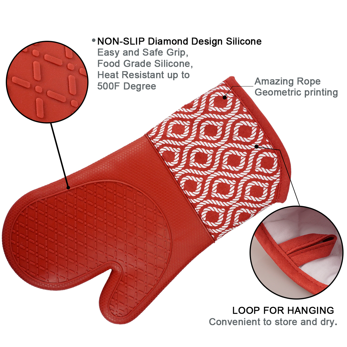 Kitchen Silicone Oven Mitts – Red Heat Resistant Gloves with Rope Pattern Cotton Cuff