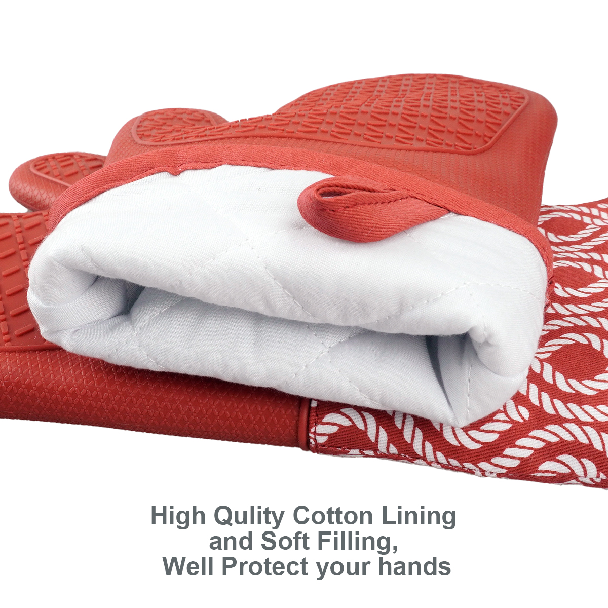 Kitchen Silicone Oven Mitts – Red Heat Resistant Gloves with Rope Pattern Cotton Cuff