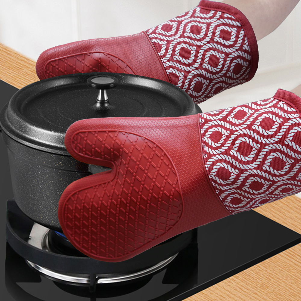 Kitchen Silicone Oven Mitts – Red Heat Resistant Gloves with Rope Pattern Cotton Cuff