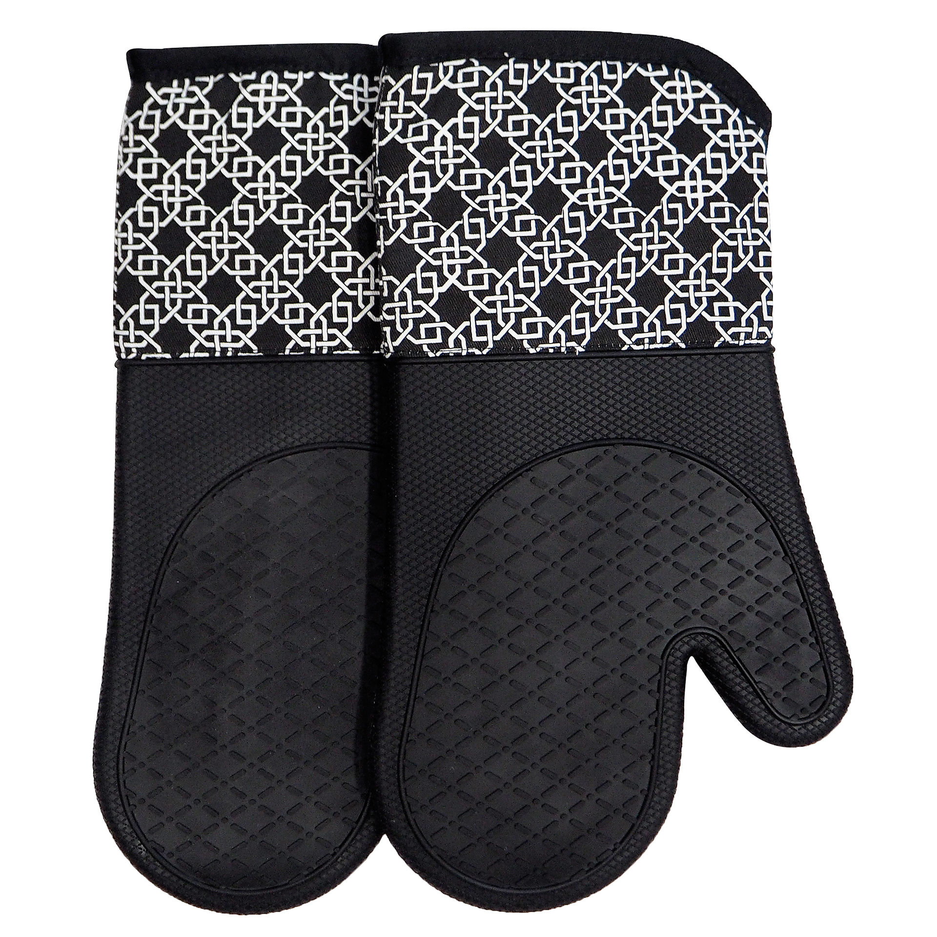 Kitchen Silicone Oven Mitts – Black Heat Resistant Gloves with Geometric Pattern Cotton Cuff