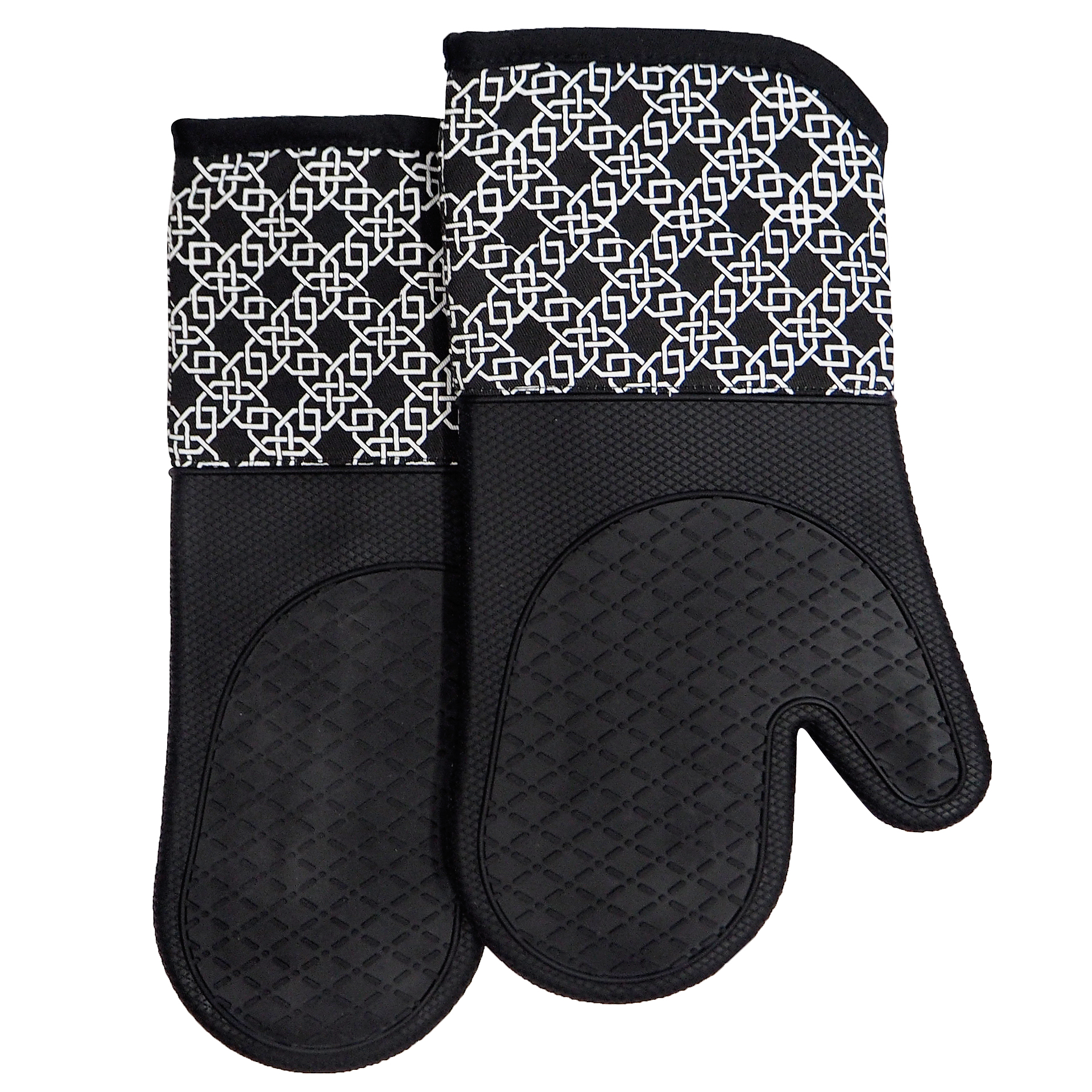 Kitchen Silicone Oven Mitts – Black Heat Resistant Gloves with Geometric Pattern Cotton Cuff