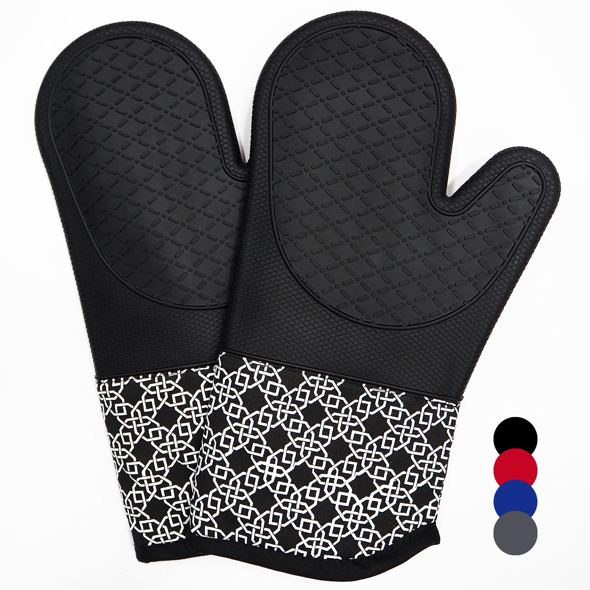 Kitchen Silicone Oven Mitts – Black Heat Resistant Gloves with Geometric Pattern Cotton Cuff