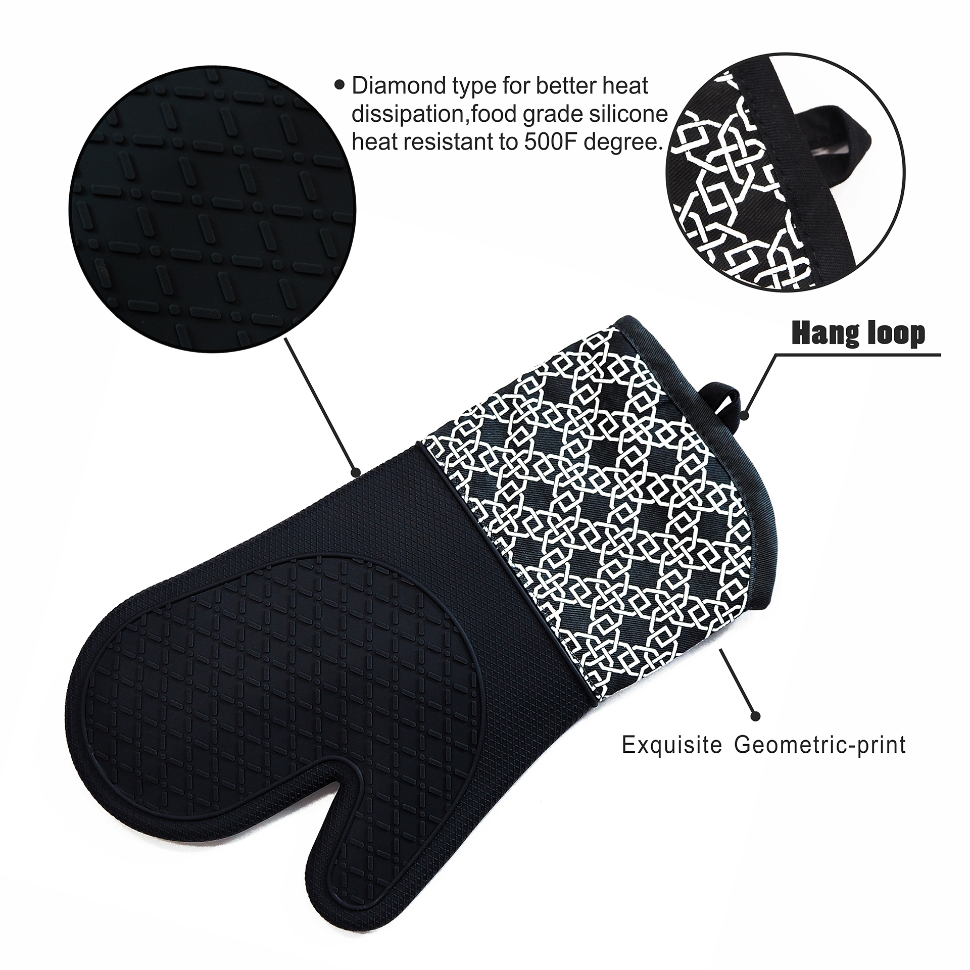 Kitchen Silicone Oven Mitts – Black Heat Resistant Gloves with Geometric Pattern Cotton Cuff