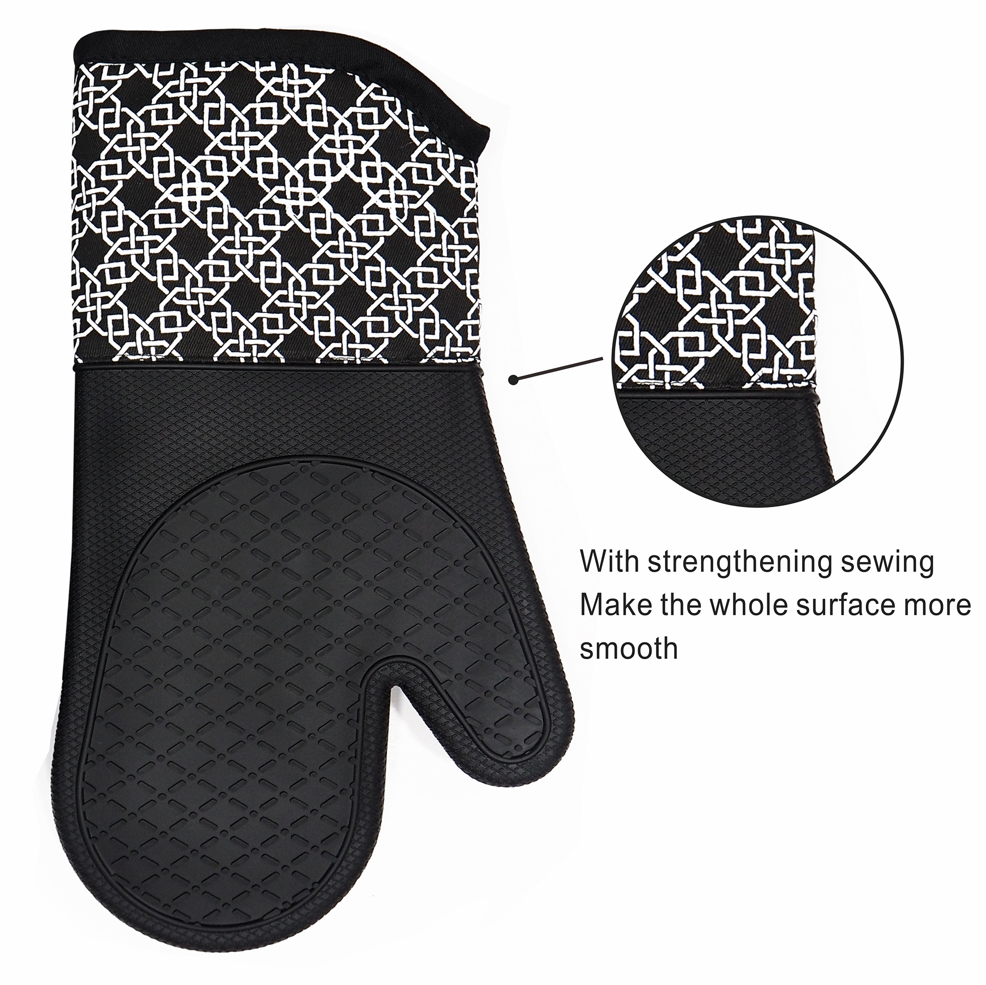 Kitchen Silicone Oven Mitts – Black Heat Resistant Gloves with Geometric Pattern Cotton Cuff