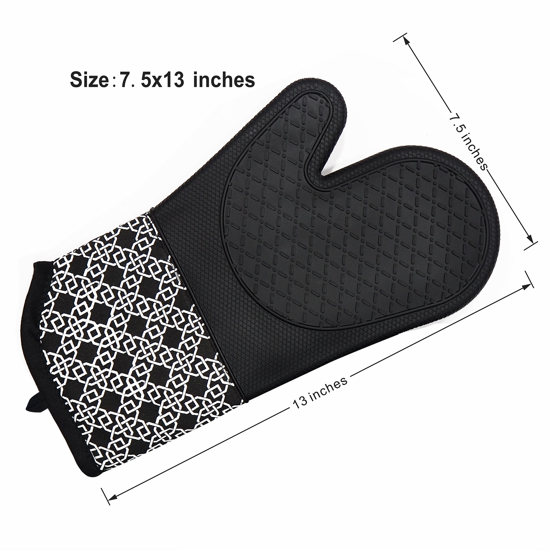 Kitchen Silicone Oven Mitts – Black Heat Resistant Gloves with Geometric Pattern Cotton Cuff