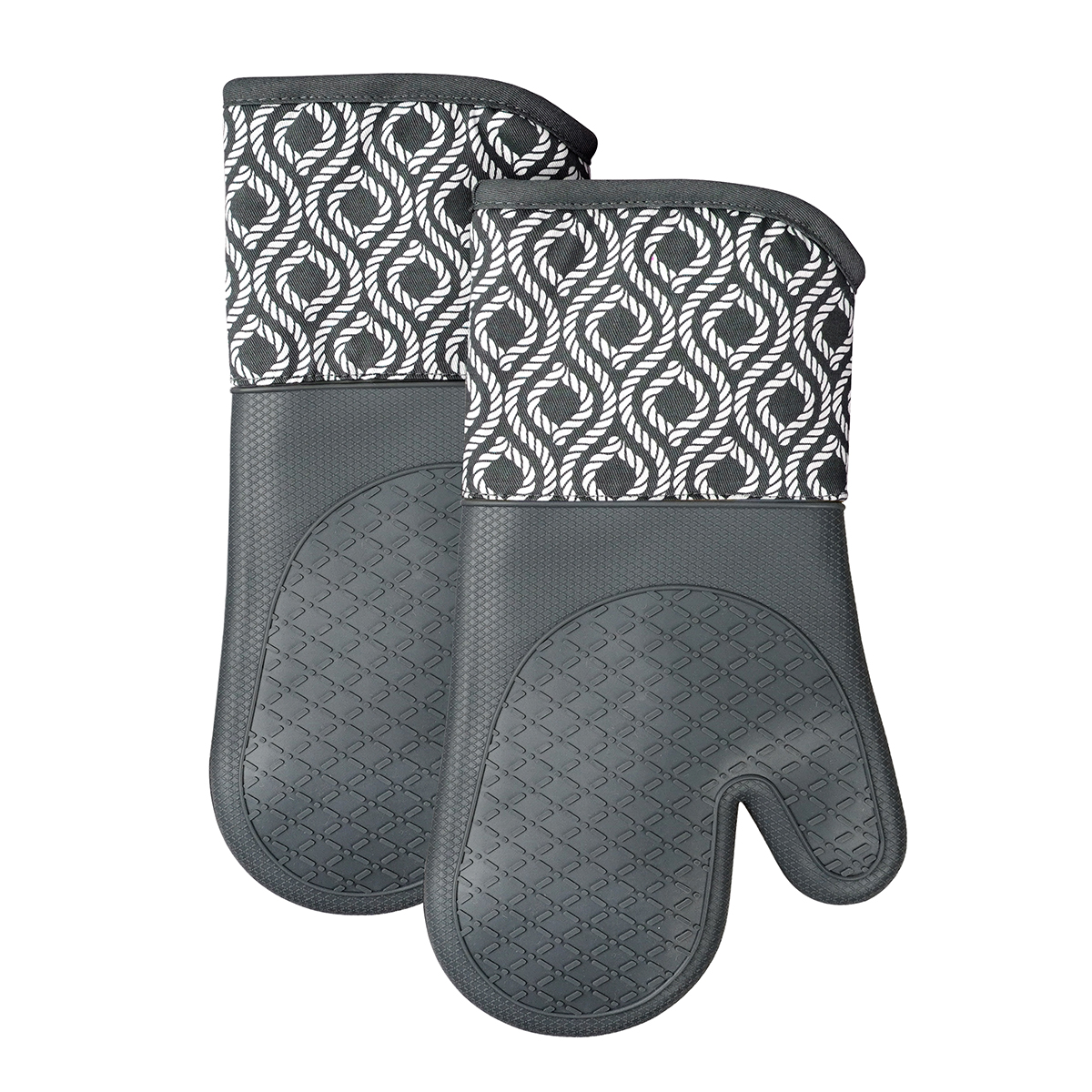 Kitchen Silicone Oven Mitts – Grey Heat Resistant Gloves with Rope Pattern Cotton Cuff