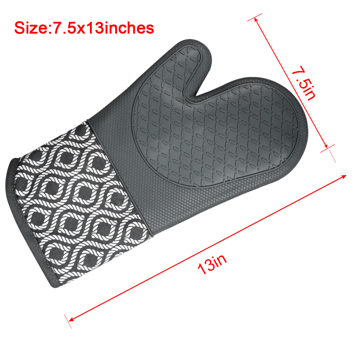 Kitchen Silicone Oven Mitts – Grey Heat Resistant Gloves with Rope Pattern Cotton Cuff