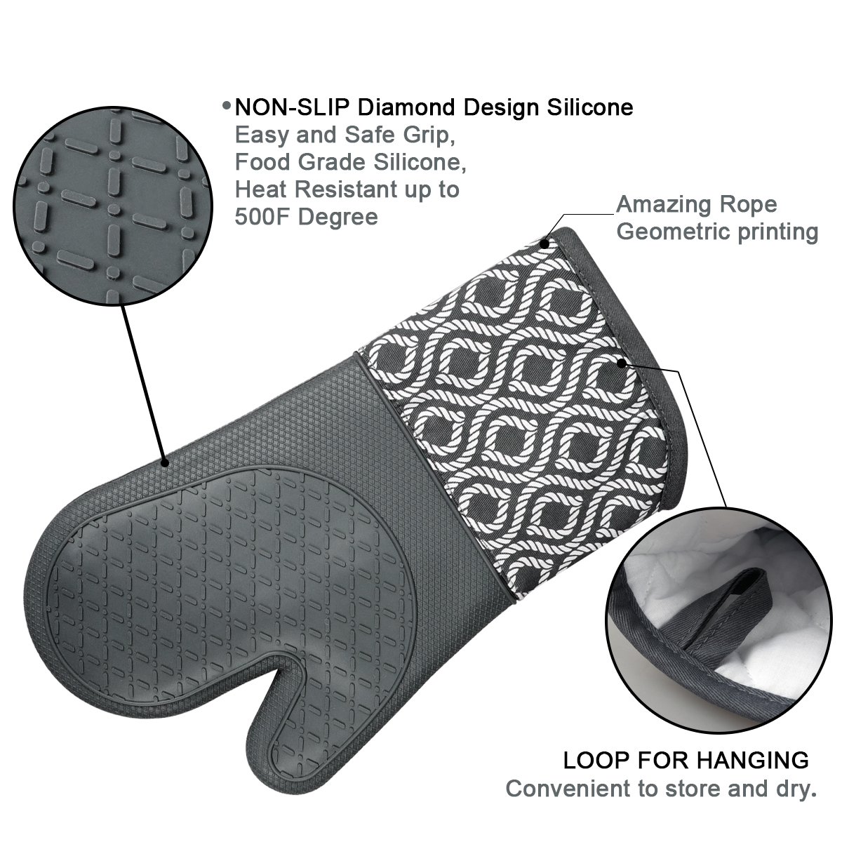 Kitchen Silicone Oven Mitts – Grey Heat Resistant Gloves with Rope Pattern Cotton Cuff