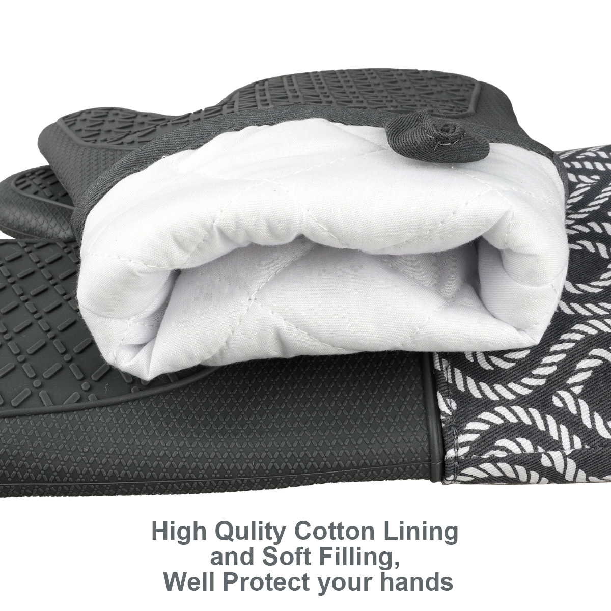 Kitchen Silicone Oven Mitts – Grey Heat Resistant Gloves with Rope Pattern Cotton Cuff