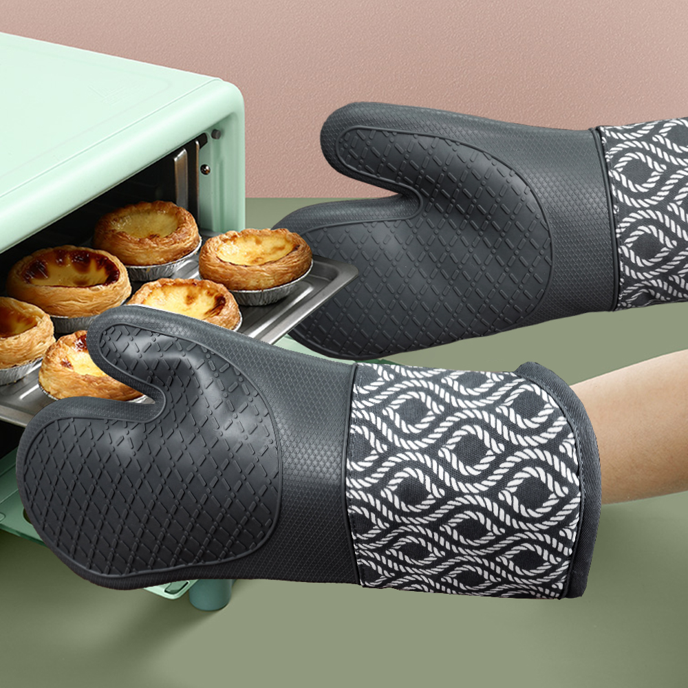 Kitchen Silicone Oven Mitts – Grey Heat Resistant Gloves with Rope Pattern Cotton Cuff