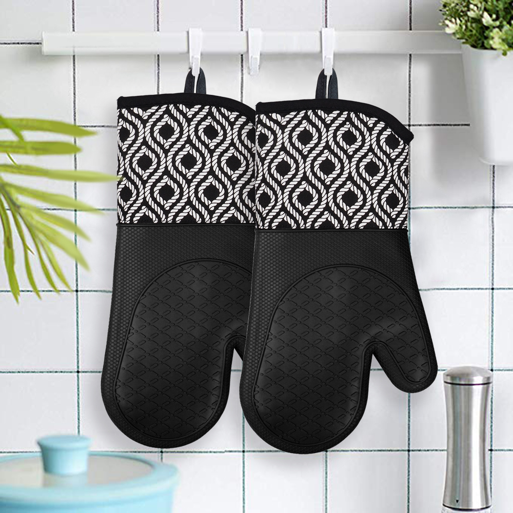 Kitchen Silicone Oven Mitts – Black Heat Resistant Gloves with Rope Pattern Cotton Cuff