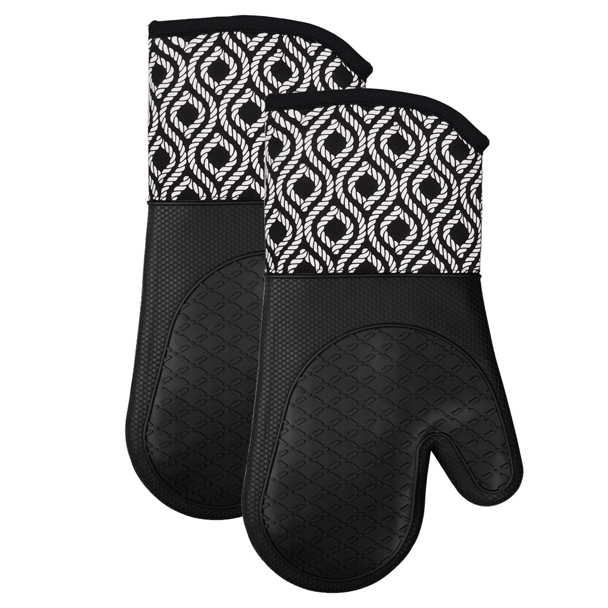 Kitchen Silicone Oven Mitts – Black Heat Resistant Gloves with Rope Pattern Cotton Cuff
