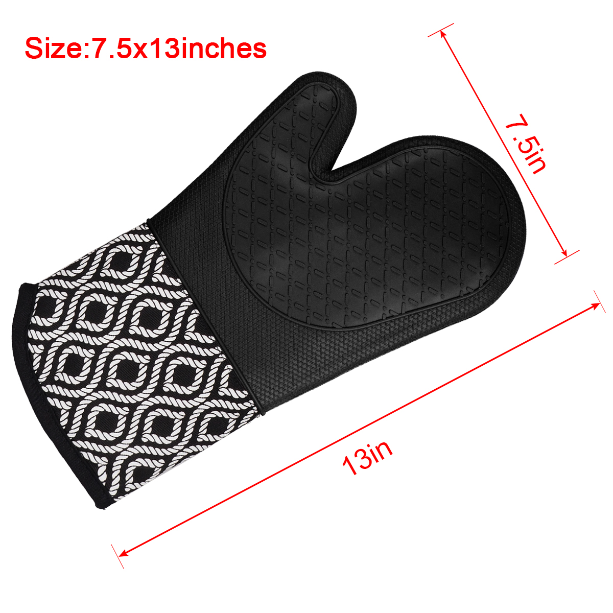 Kitchen Silicone Oven Mitts – Black Heat Resistant Gloves with Rope Pattern Cotton Cuff