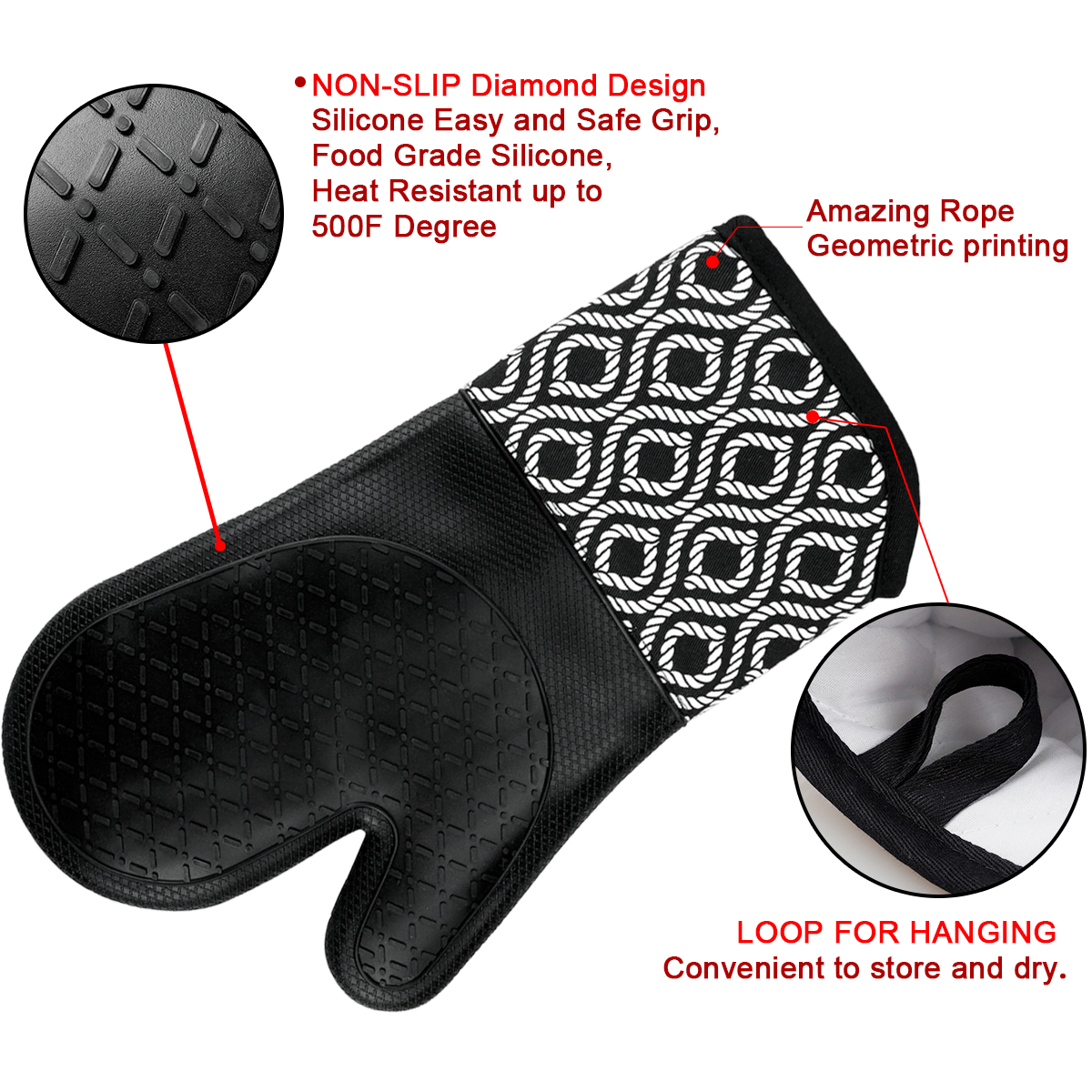 Kitchen Silicone Oven Mitts – Black Heat Resistant Gloves with Rope Pattern Cotton Cuff