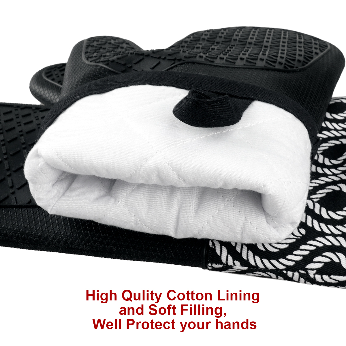 Kitchen Silicone Oven Mitts – Black Heat Resistant Gloves with Rope Pattern Cotton Cuff