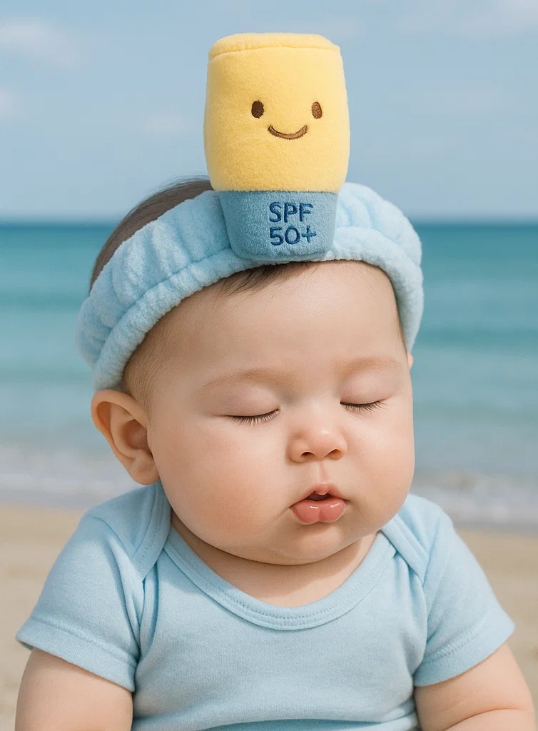 Yellow SPF 50+ Baby Headband with Smiling Plush Bottle