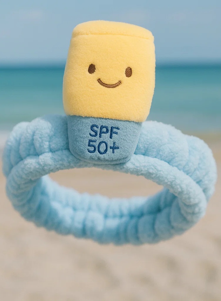 Yellow SPF 50+ Baby Headband with Smiling Plush Bottle