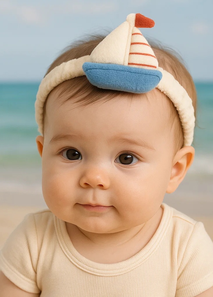 Blue & White Cute Sailboat SPF Bottle Baby Headband – White Version