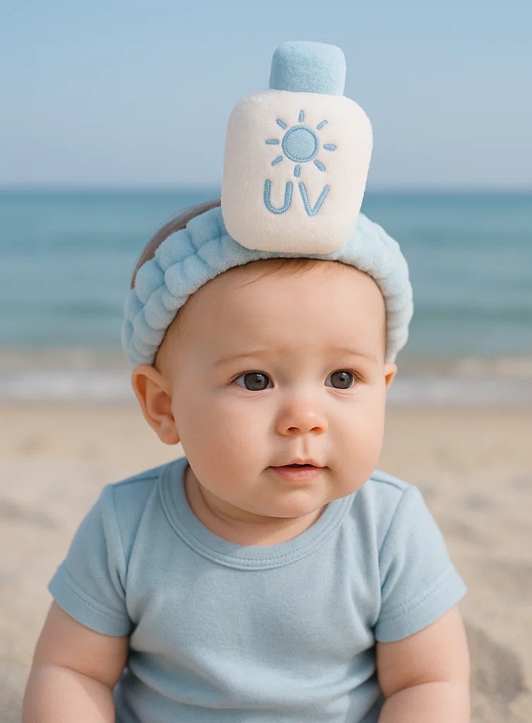 Blue Plush Baby Headband with SPF Bottle