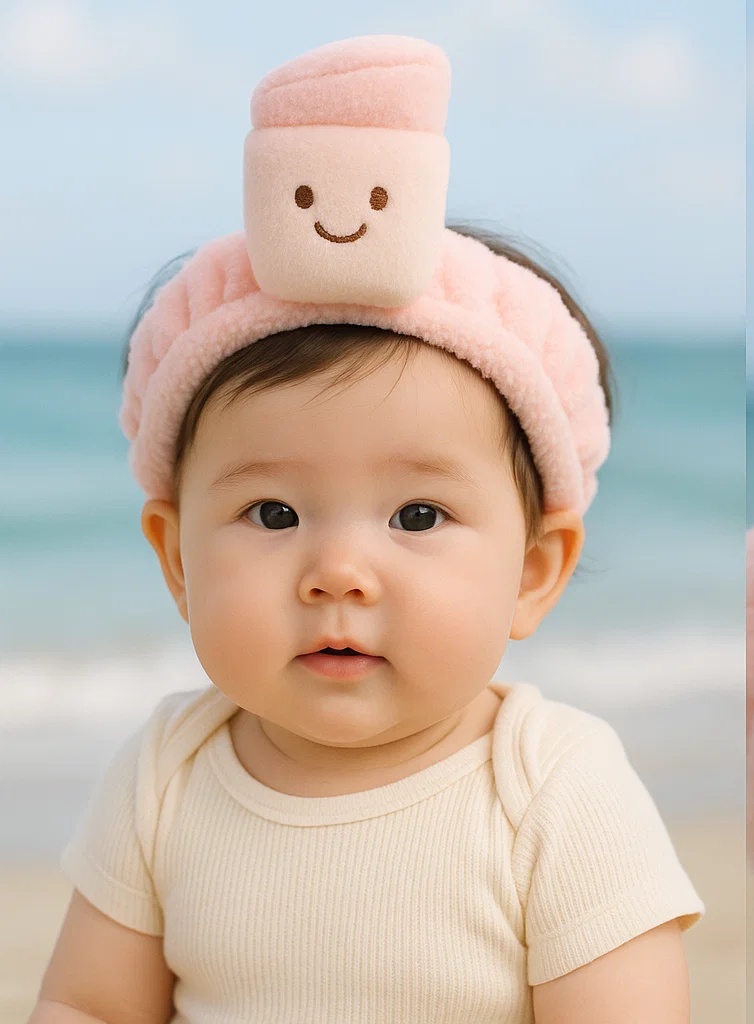 Light Pink Baby Headband with Smiling Sunscreen Bottle Plush