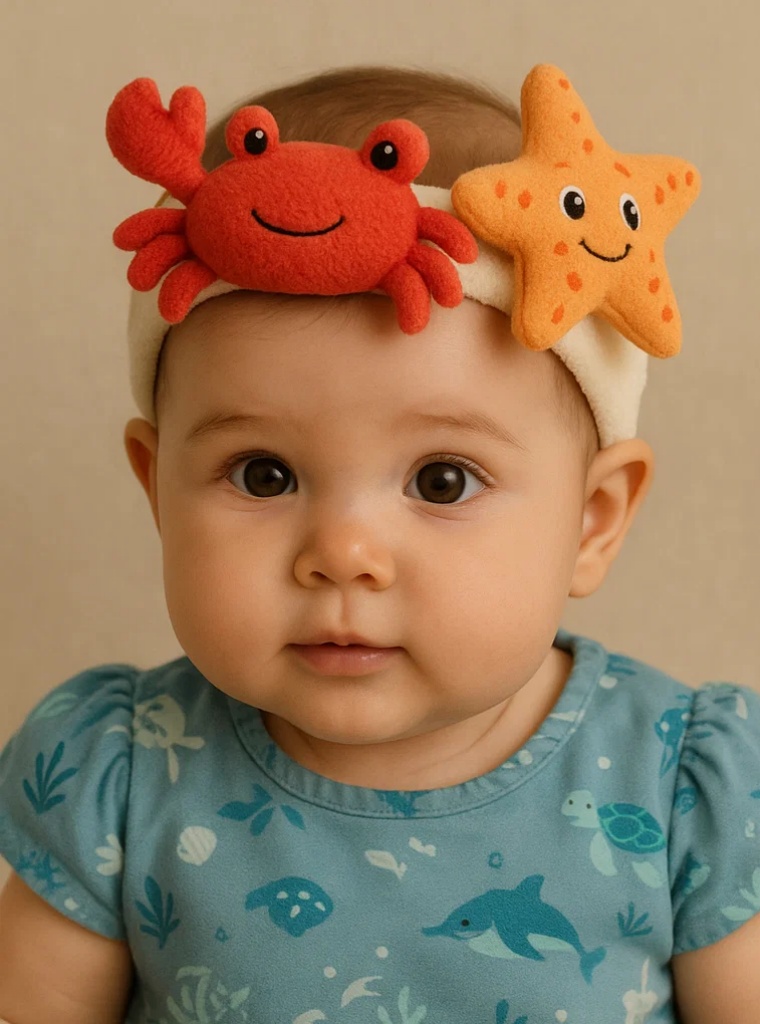 Baby Plush Headband with Crab and Starfish Decoration – Adjustable, Non-Slip Baby Headband for Newborns and Toddlers
