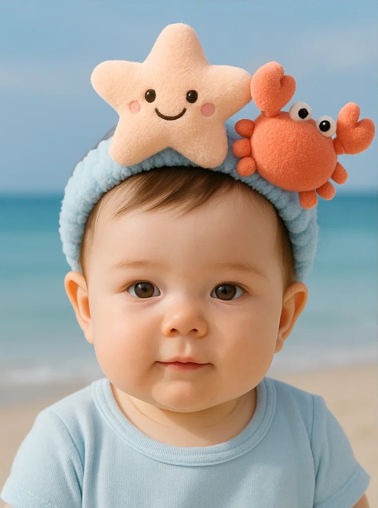 Bandeau Bébé avec Peluche Étoile de Mer et Crabe – Thème Marin Adorable