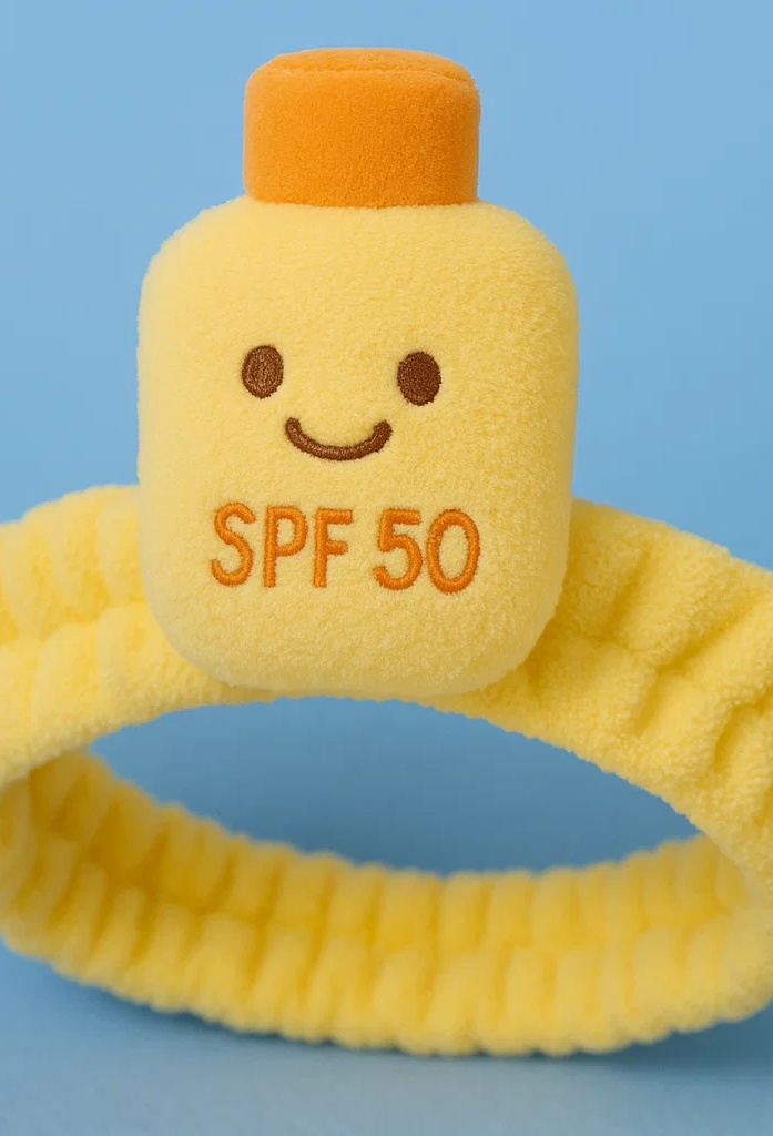 SPF 50 Yellow Baby Headband with Smiling Plush Bottle