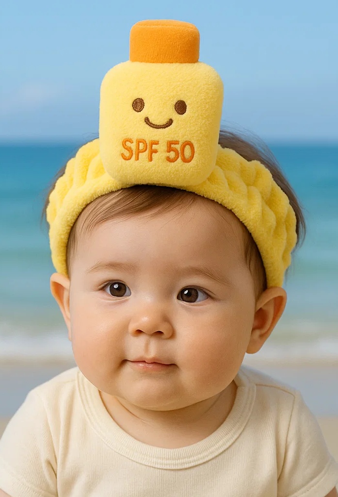 SPF 50 Yellow Baby Headband with Smiling Plush Bottle