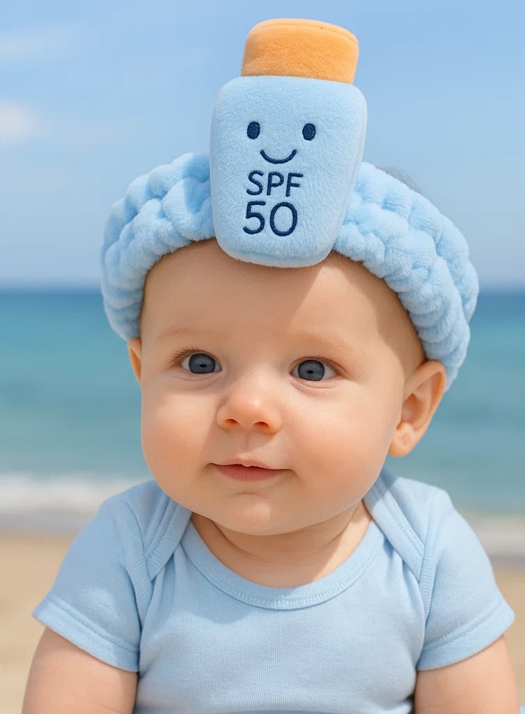 Sky Blue Baby Headband with SPF Plush Bottle and Smiley