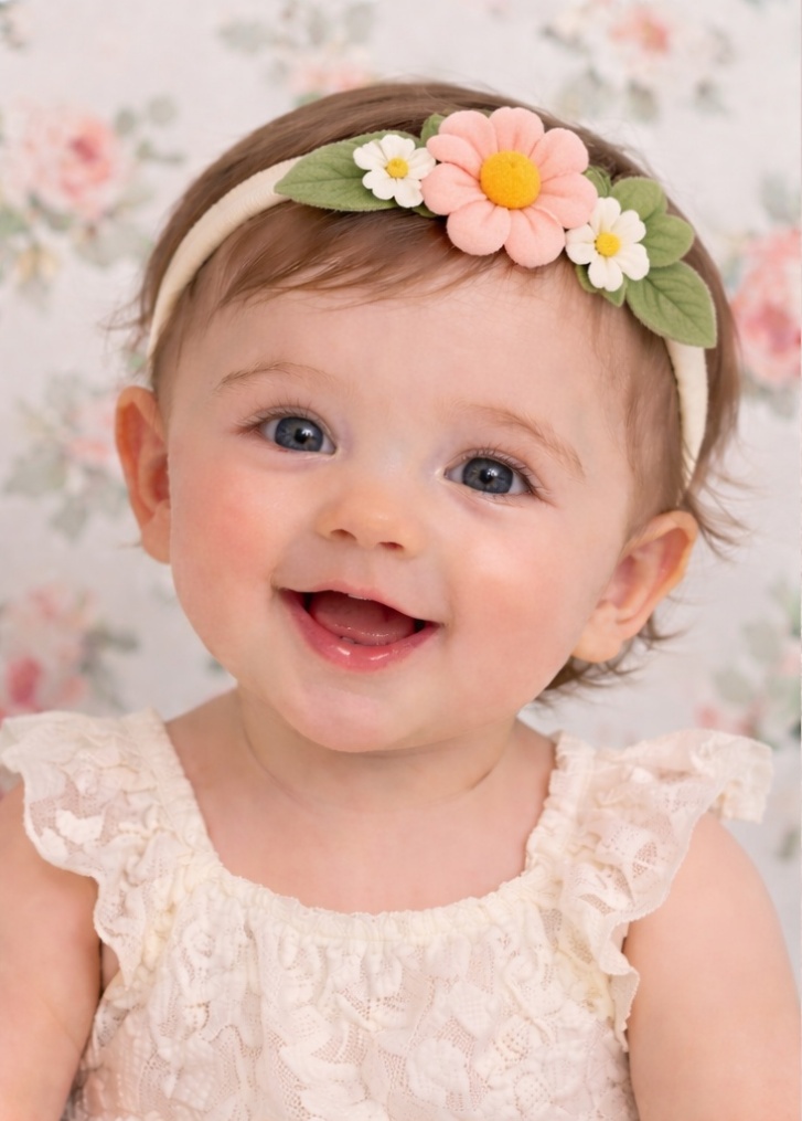 Tiara Bebê Flor de Margarida e Folhinhas Verde Suave