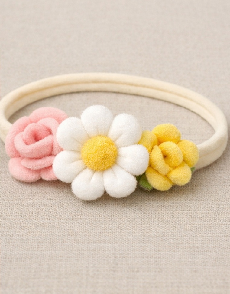 Bentiță Florală Colorată pentru Bebeluși cu Trandafir Roz și Margarete