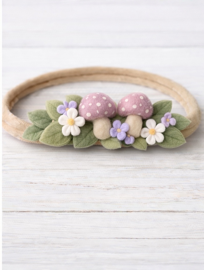 Pink Mushrooms and Wildflowers Baby Headband