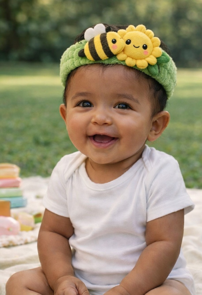 Plüsch-Baby-Stirnband mit Biene und Sonnenblume – Weiches Tiermotiv für Neugeborene