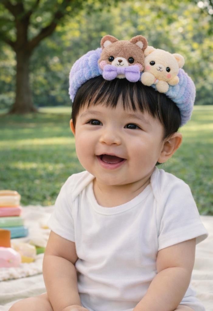 Bandeau bébé en peluche avec deux oursons – Accessoire doux et mignon pour nouveau-nés