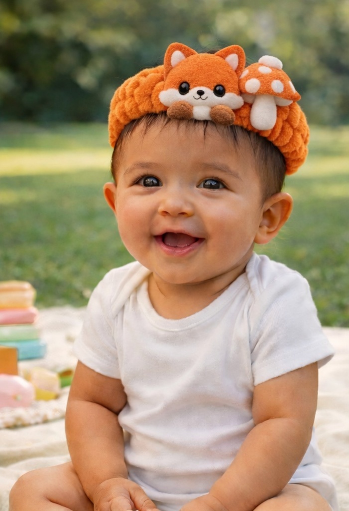 Bentită pentru bebeluși cu vulpiță și ciupercuță din pluș – Accesoriu moale cu tematică de pădure