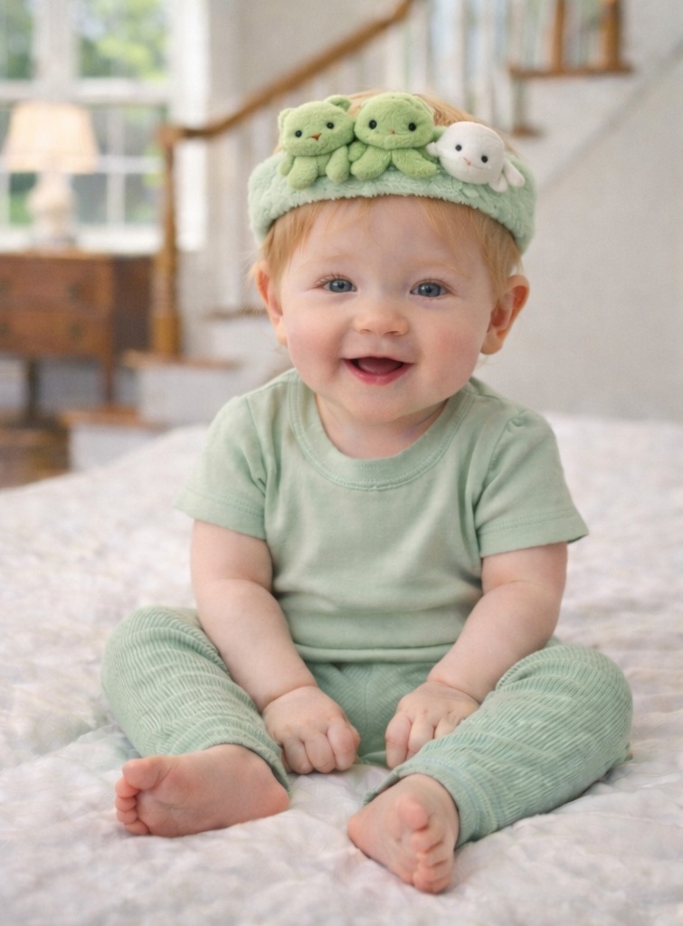 Frog & Seal Plush Baby Headband - Soft Green Sensory Style for Infants