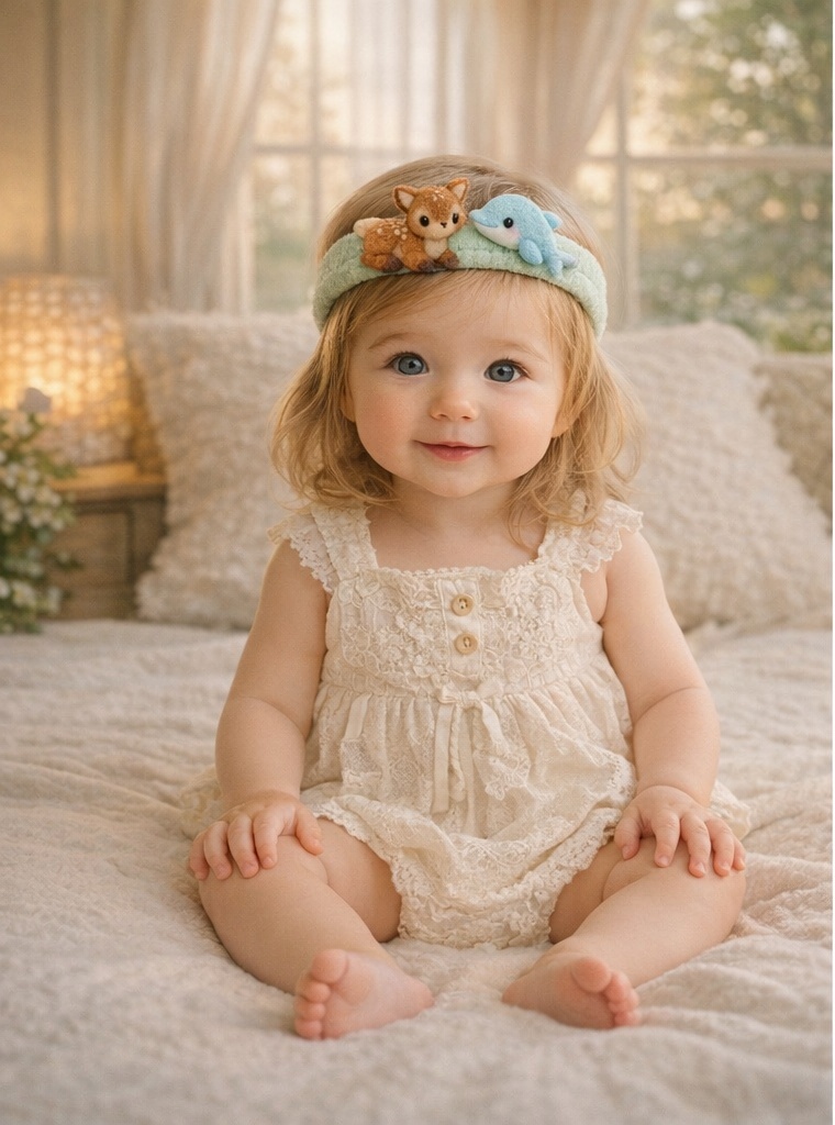 Bentiță pentru Bebeluși cu Căprioară și Delfin din Pluș – Accesoriu Moale și Drăgălaș pentru Nou-născuți