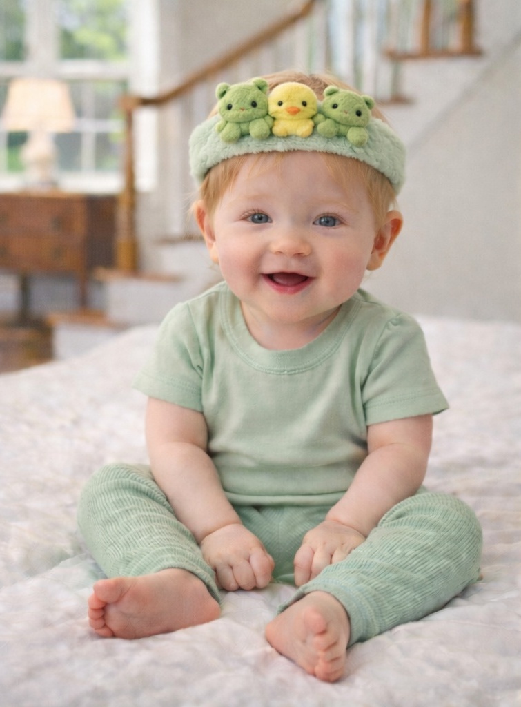 Frog & Duck Plush Baby Headband - Soft Green Baby Animal Hairband