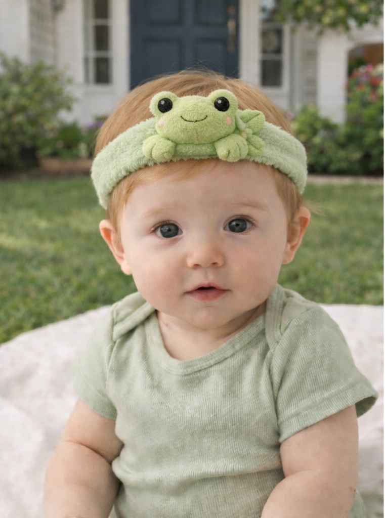 Bandeau Bébé Grenouille en Peluche – Accessoire Doux et Élastique avec Fleur Blanche
