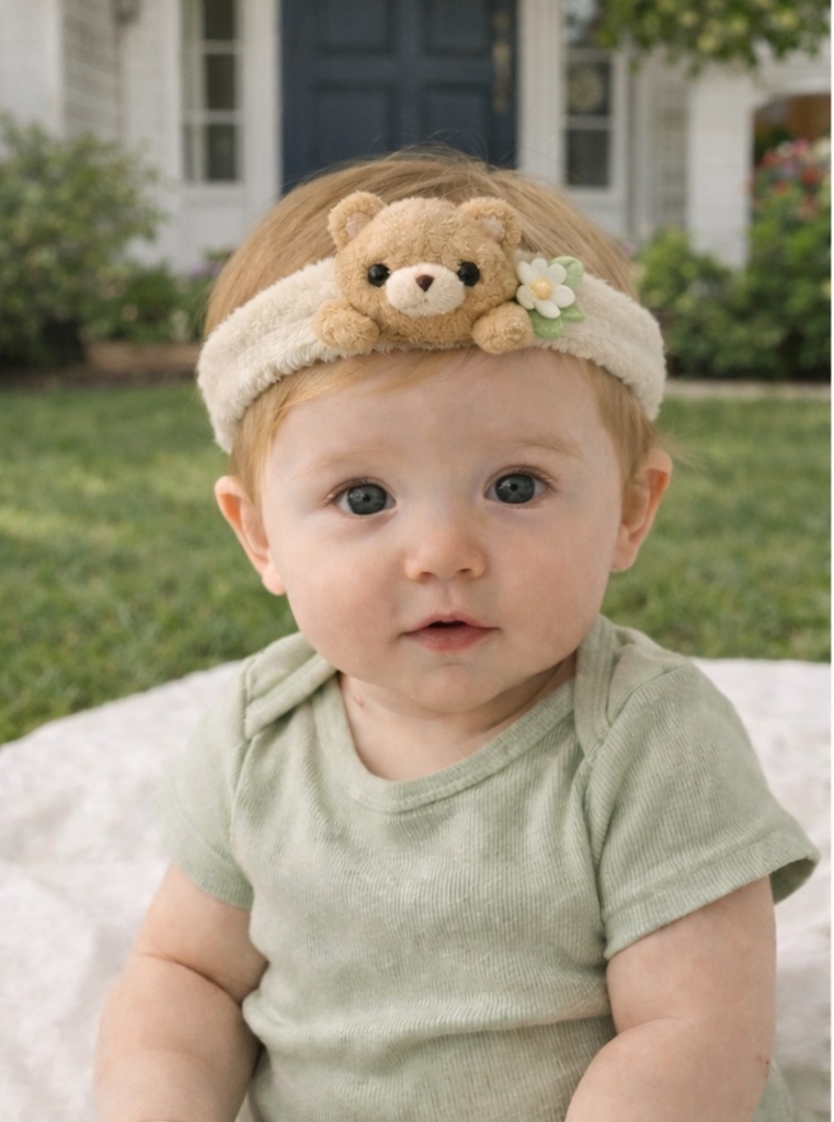 Tiara de Urso de Pelúcia para Bebê – Faixa Macia e Confortável com Flor Decorativa