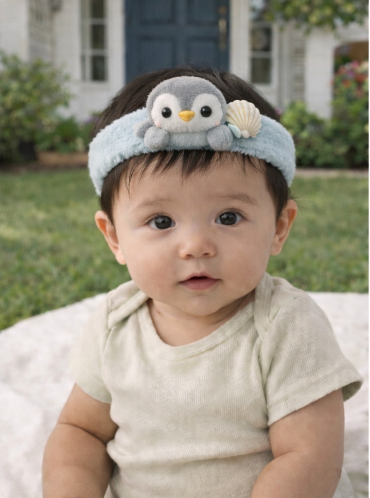 Bandeau bébé en peluche avec pingouin et coquillage – Accessoire doux et mignon pour bébé