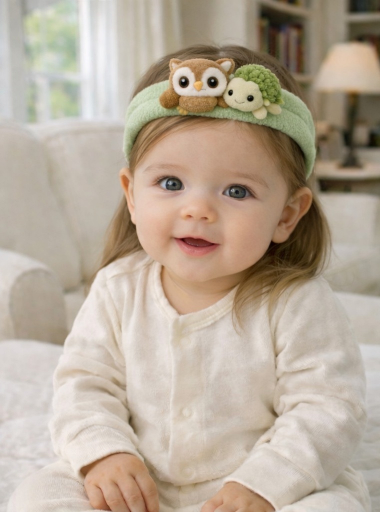 Faixa de Bebê com Coruja e Tartaruga de Pelúcia – Acessório Macio e Confortável para Bebês