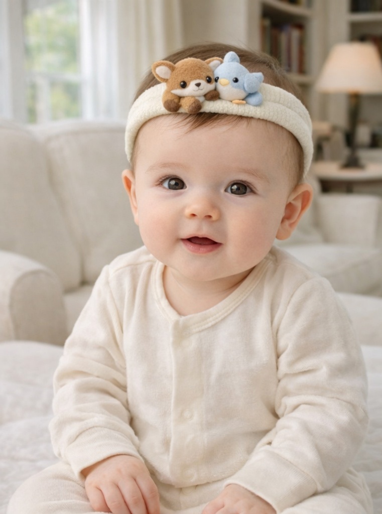 Bandă pentru bebeluși cu vulpiță și pasăre din pluș – Accesoriu moale și confortabil pentru bebeluși